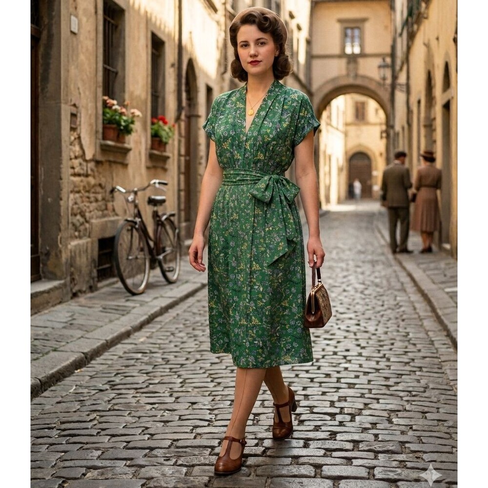Max Studio Green Floral Boho Midi Dress Small Cottagecore Flutter Sleeve